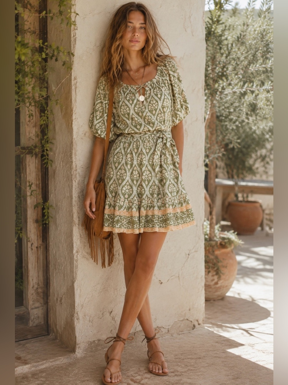 Garrie B Tie-Neck Cotton Boho Block-Print Mini Dress with Gold Detail (Medium)